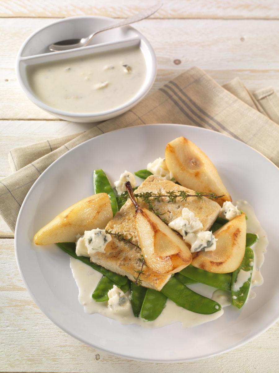 Gebratener Tofu mit Birne, Kefen und Gorgonzola – Precon Rezepte