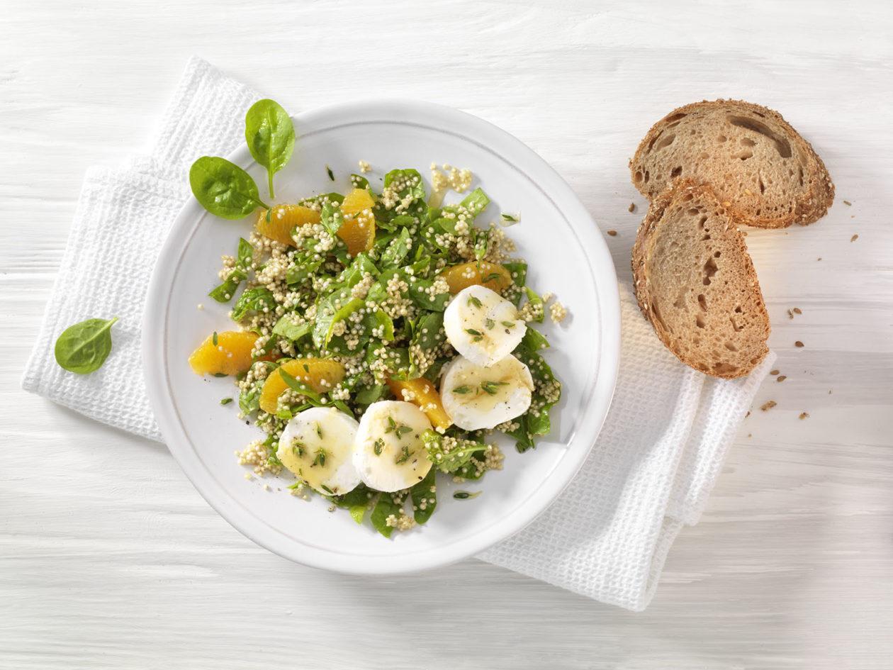 Spinat_Salat_Quinoa_Orange_Ziegenkaese_2 Spinat-Salat mit Quinoa, Orangendressing und Ziegenkäse - BCM Diät Rezepte.ch