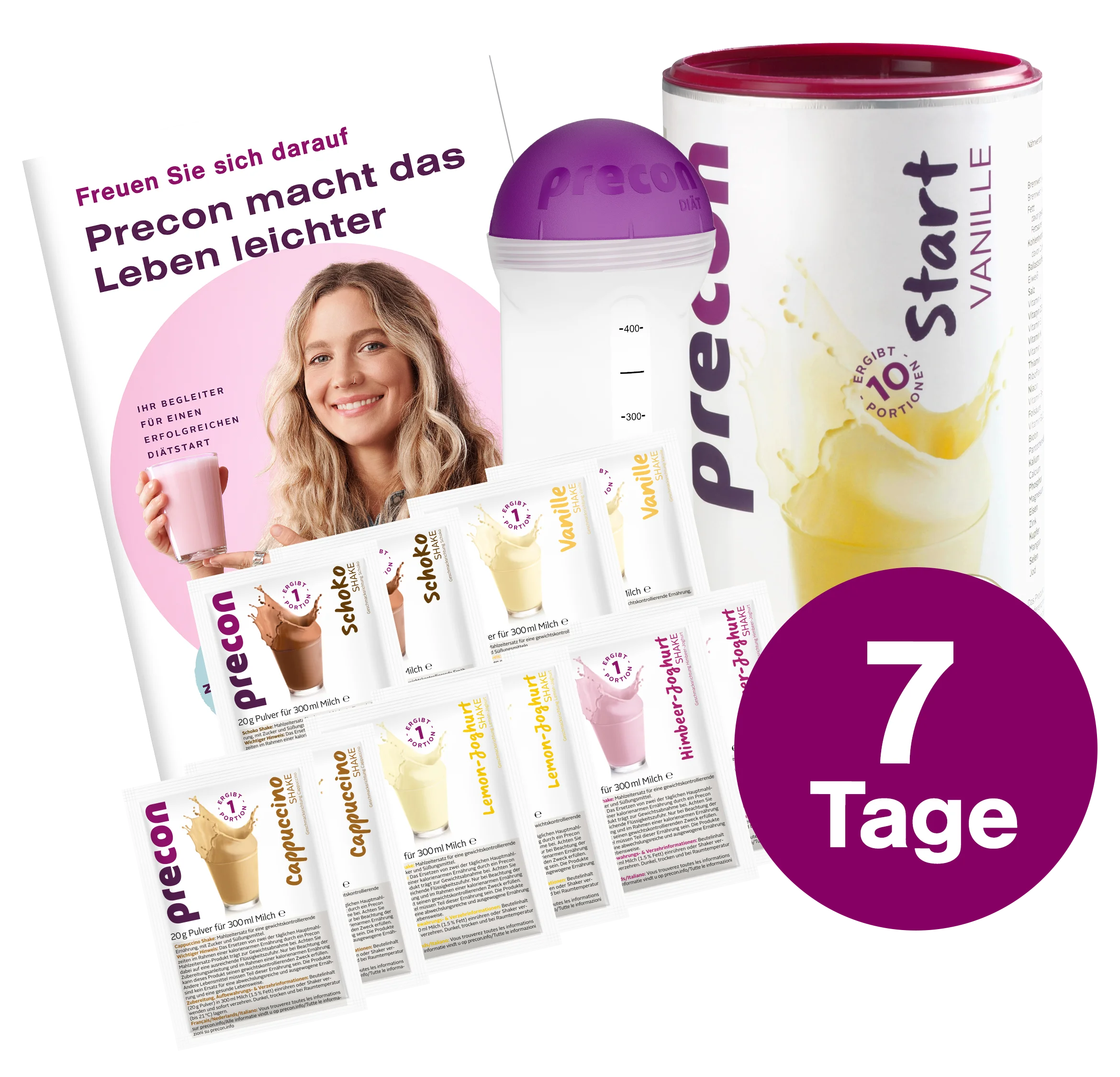 Einsteiger-Startpaket 7 Tage mit Handbuch, allen Shakesorten, einem Start Shake Vanille und einem Shaker. 